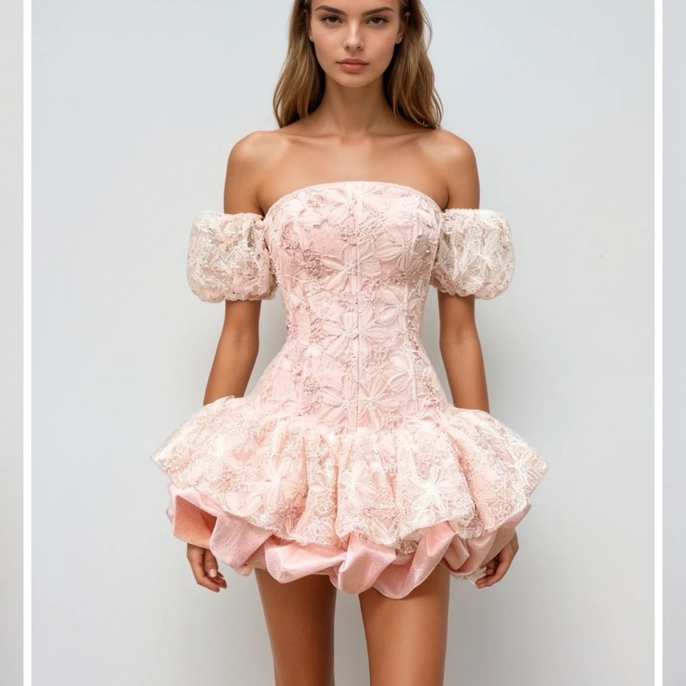 Off-Shoulder Pink Lace Mini Dress